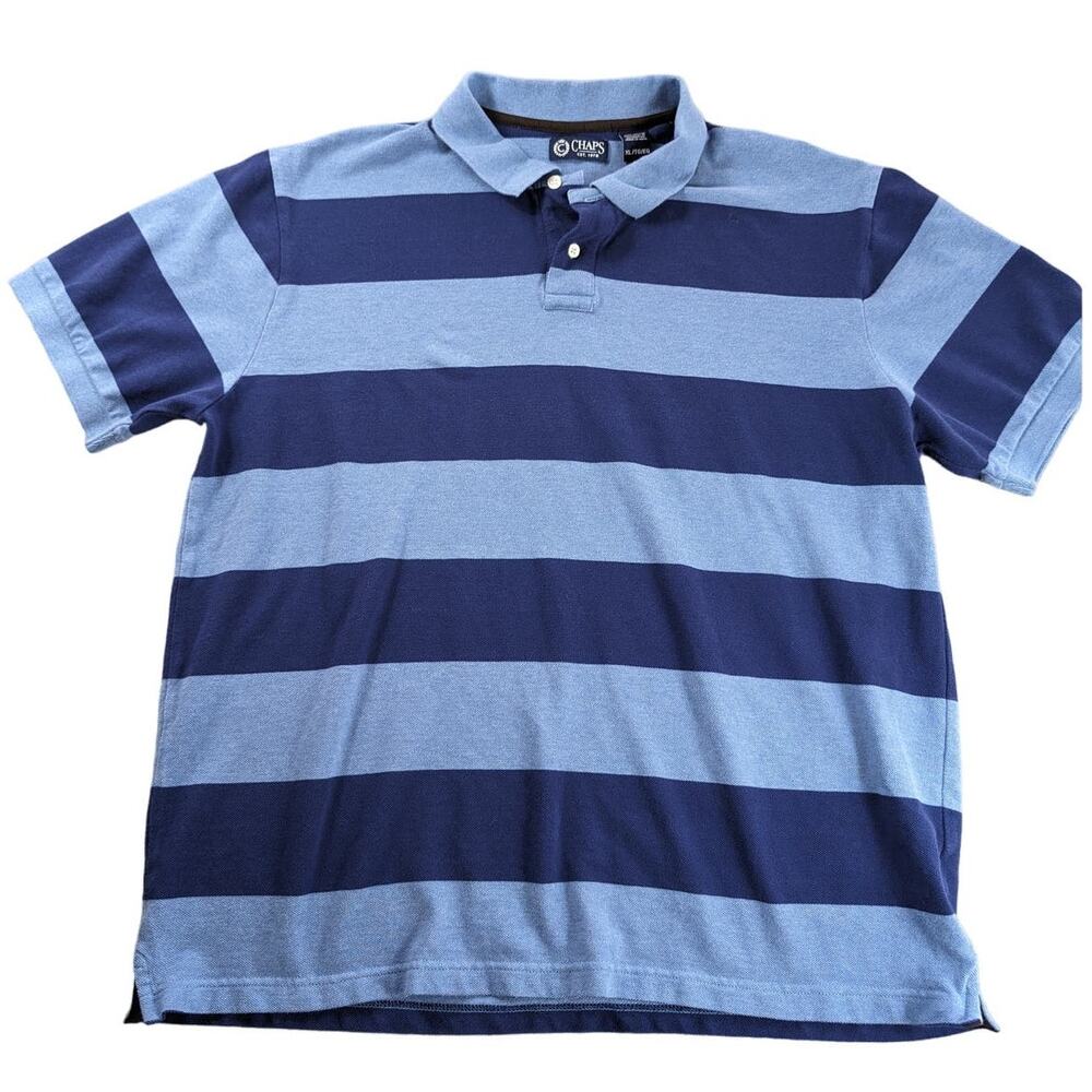 Chaps Mens Polo Shirt Short Sleeve Rugby Blue Striped Collared Size XL Preppy
